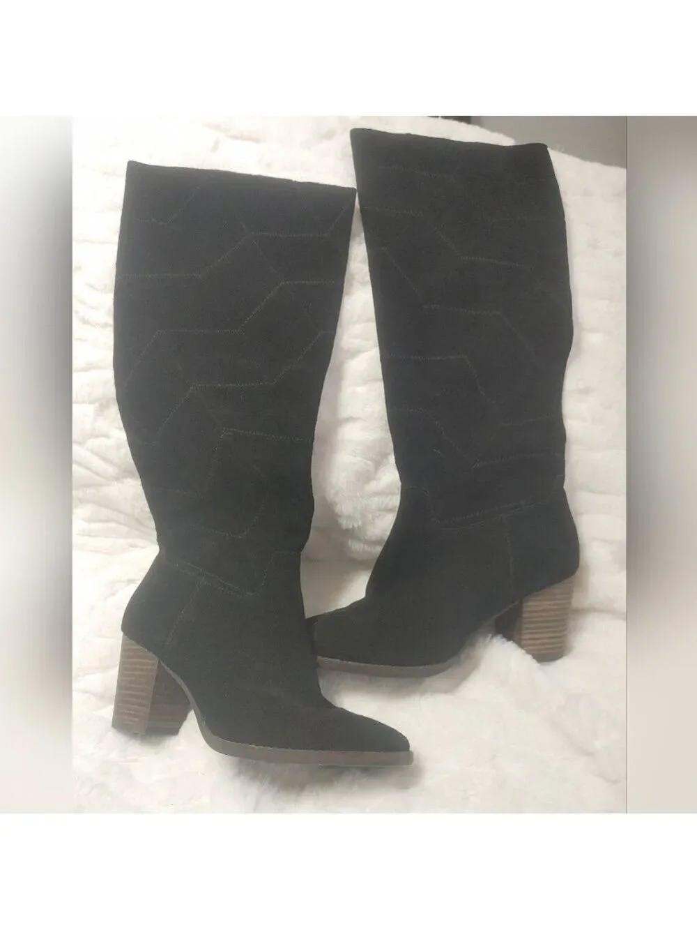 Lucky Brand Black Suede Leather Prouska Heeled Boots 8M